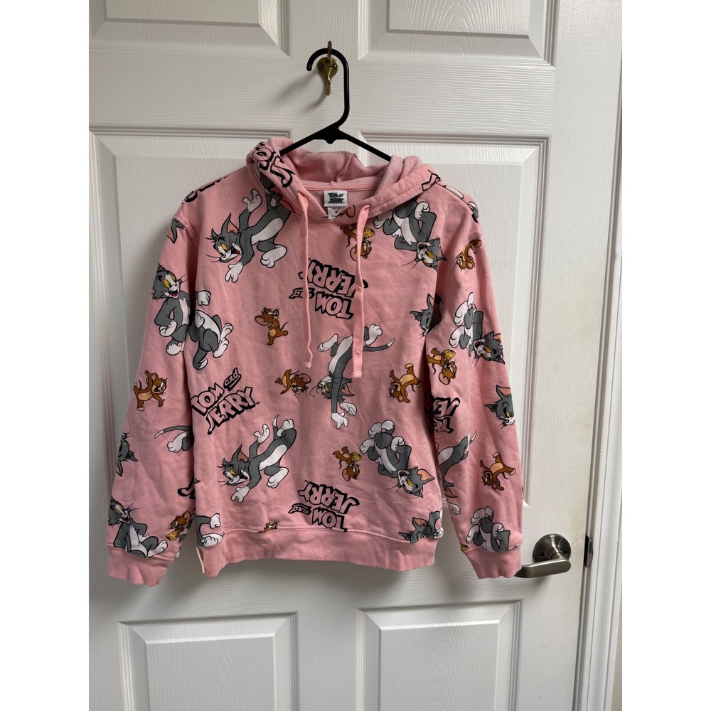 Tom and Jerry Hoodie Unisex Medium Pink All Over Print Pullover Graphic M